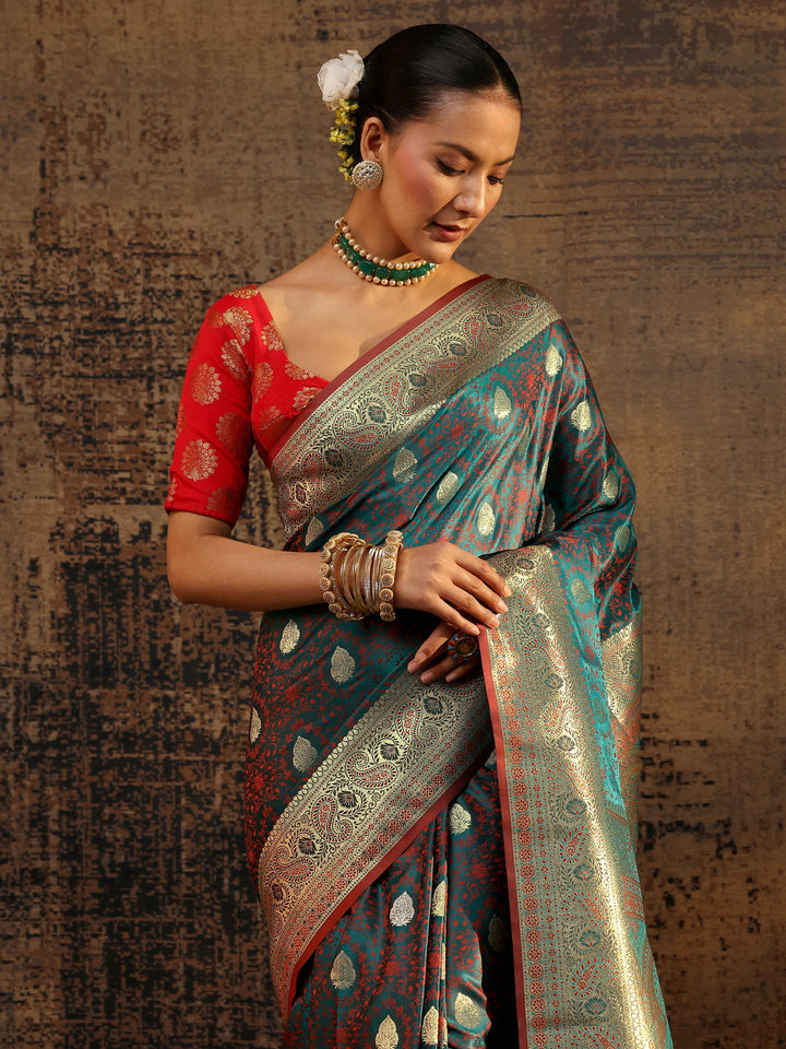Teal Floral Woven Design Silk Blend Saree With Unstitched Blouse Piece