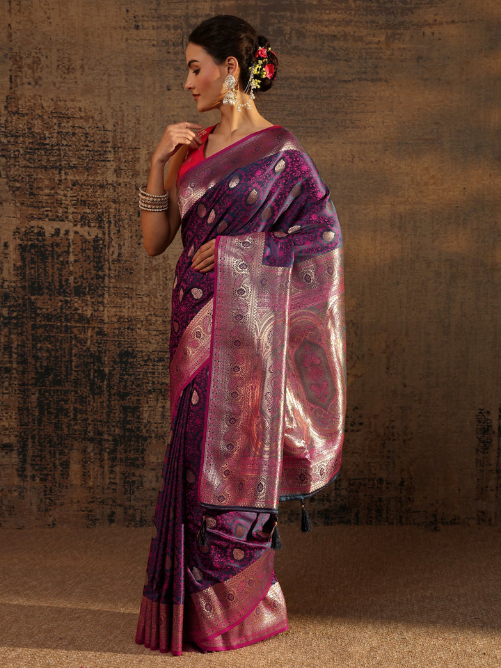 Purple Floral Woven Design Silk Blend Saree With Unstitched Blouse Piece