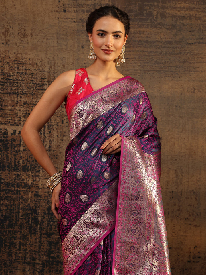 Purple Floral Woven Design Silk Blend Saree With Unstitched Blouse Piece