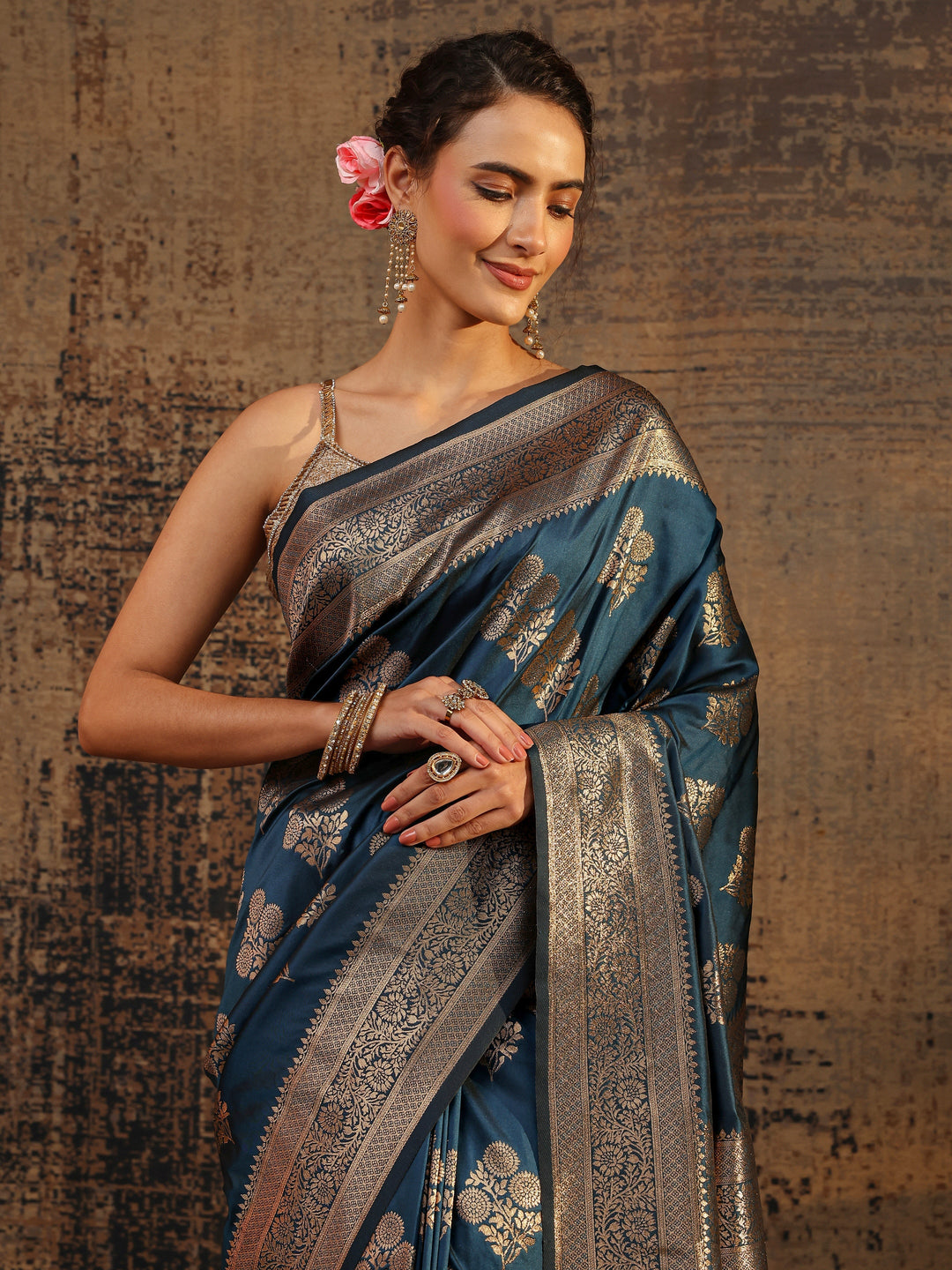 Navy Blue Floral Woven Design Silk Blend Saree With Unstitched Blouse Piece