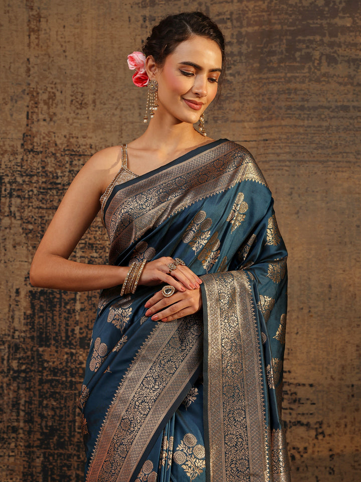 Navy Blue Floral Woven Design Silk Blend Saree With Unstitched Blouse Piece