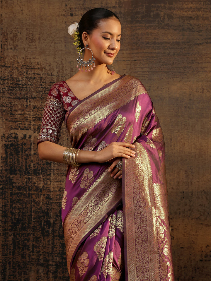 Purple Floral Woven Design Silk Blend Saree With Unstitched Blouse Piece