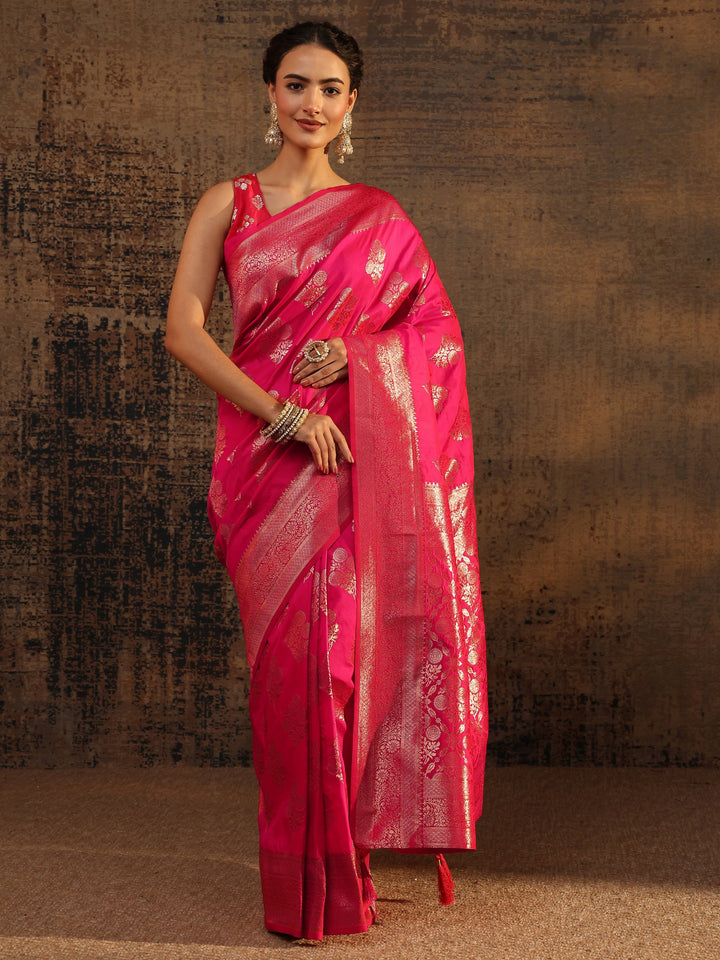 Pink Floral Woven Design Silk Blend Saree With Unstitched Blouse Piece