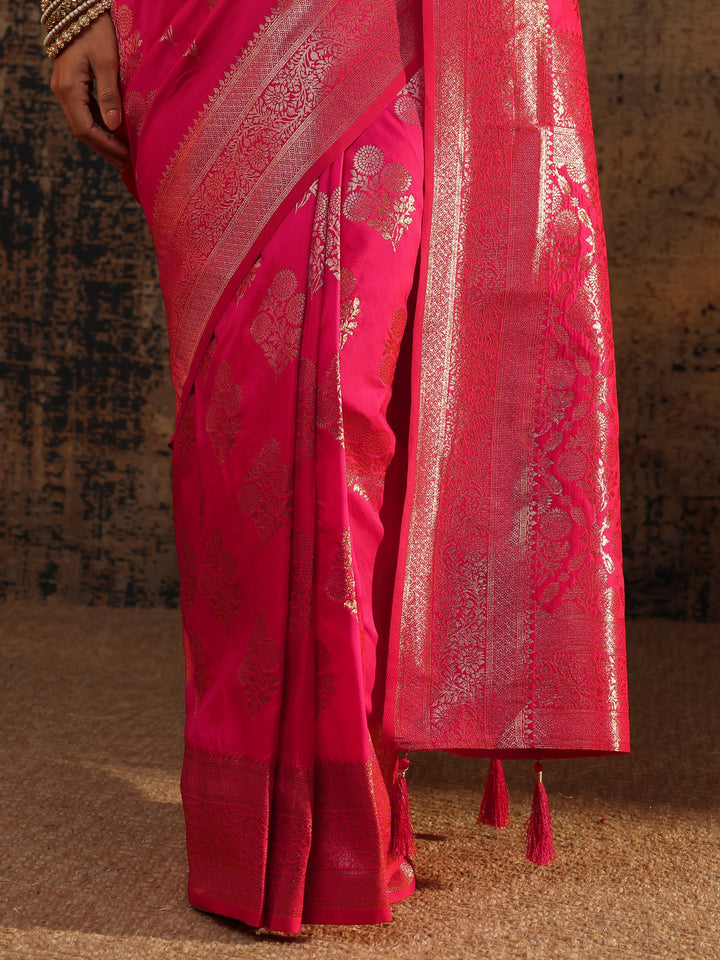 Pink Floral Woven Design Silk Blend Saree With Unstitched Blouse Piece