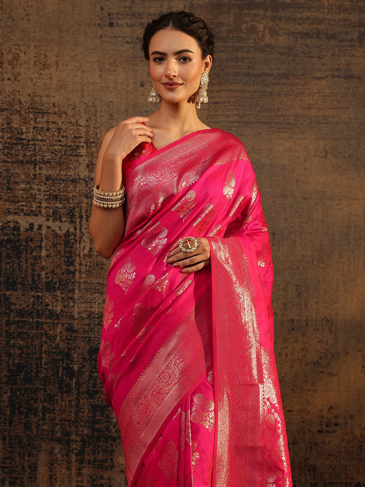 Pink Floral Woven Design Silk Blend Saree With Unstitched Blouse Piece