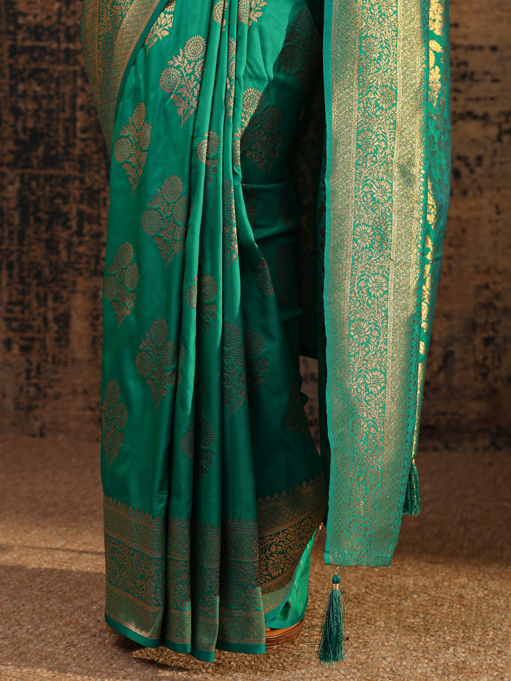 Green Floral Woven Design Silk Blend Saree With Unstitched Blouse Piece