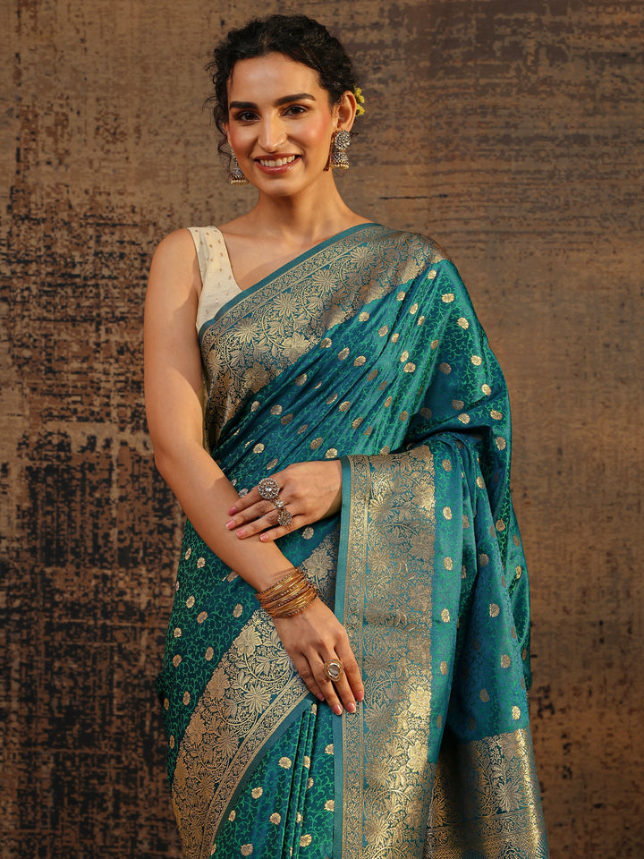 Green Floral Woven Design Silk Blend Saree With Unstitched Blouse Piece