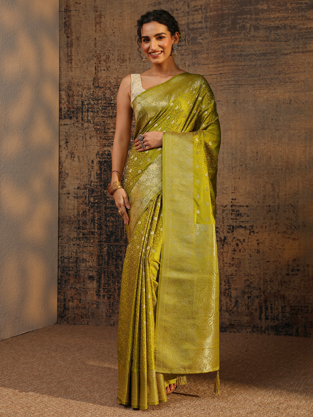 Libas Green Floral Woven Design Silk Blend Saree With Unstitched Blouse Piece
