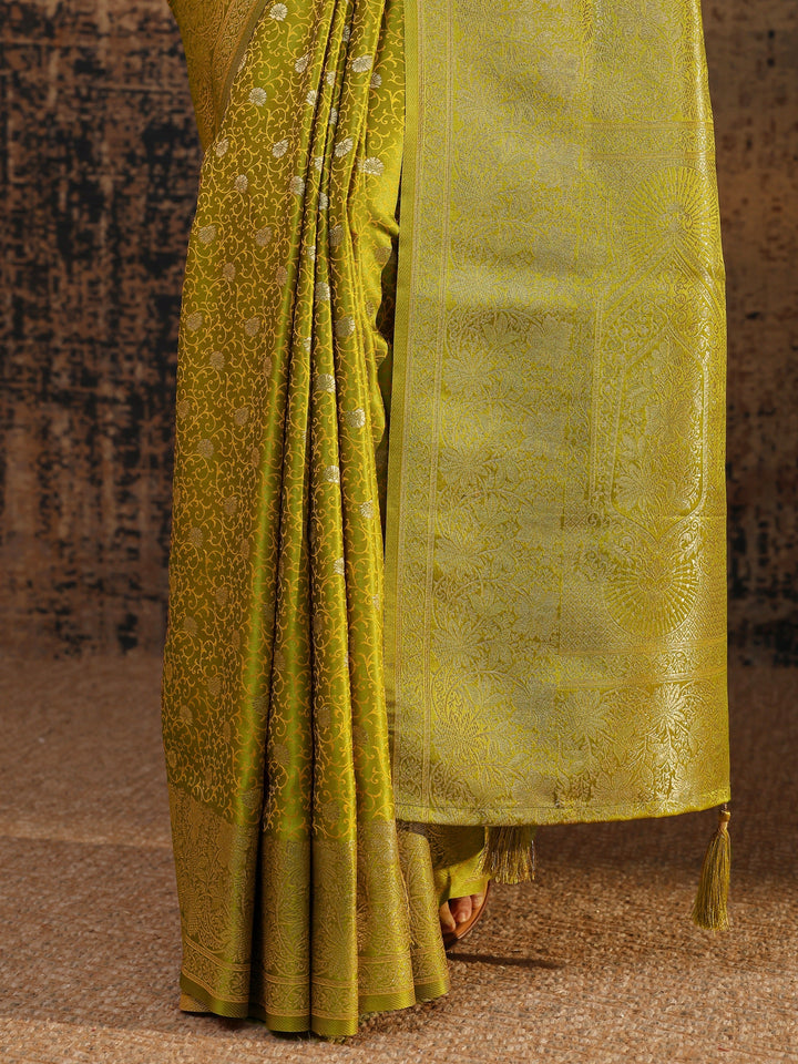 Libas Green Floral Woven Design Silk Blend Saree With Unstitched Blouse Piece