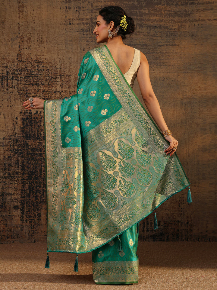 Green Floral Woven Design Silk Blend Saree With Unstitched Blouse Piece