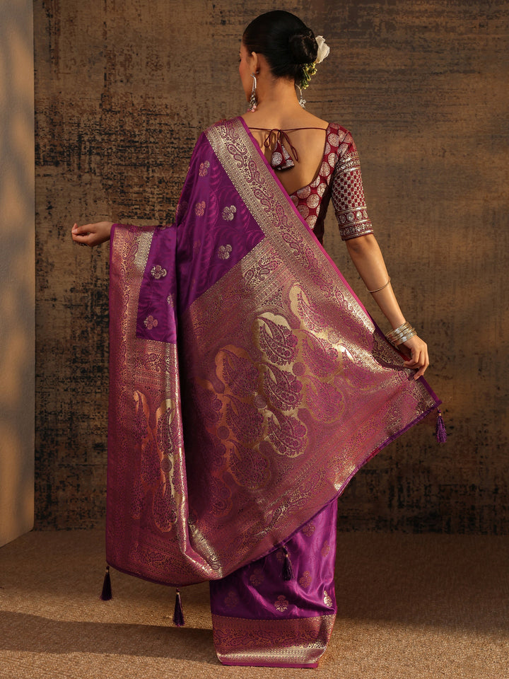 Purple Floral Woven Design Silk Blend Saree With Unstitched Blouse Piece