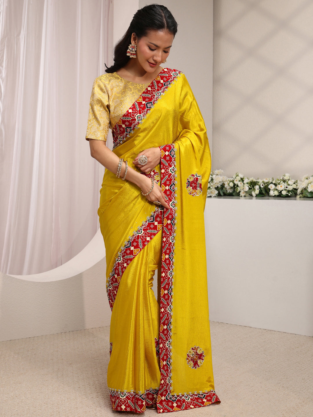 Mustard Patola Border Chinon Saree With Unstitched Blouse Piece