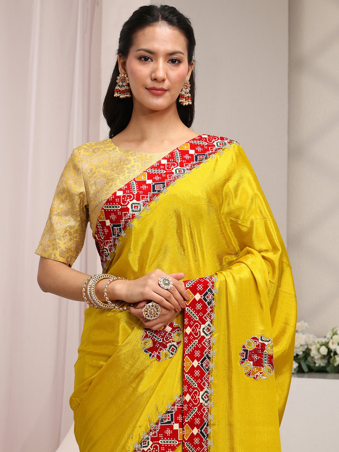Mustard Patola Border Chinon Saree With Unstitched Blouse Piece