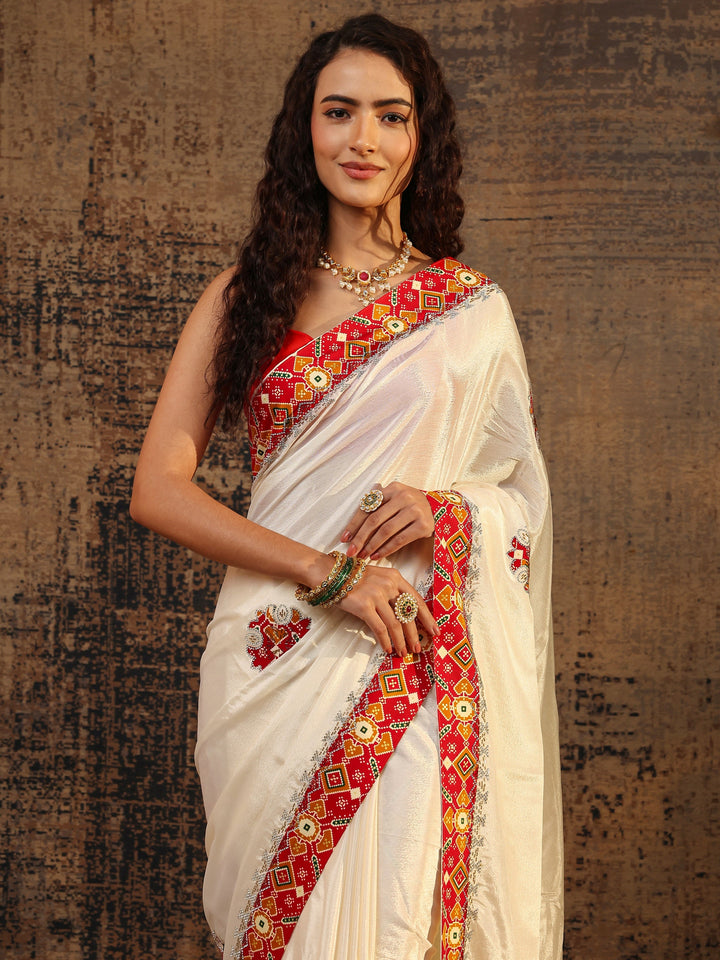 Cream Ethnic Motifs Embellished Silk Blend Saree With Unstitched Blouse Piece