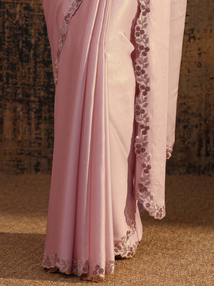 Pink Solid Pure Chiffon Saree With Unstitched Blouse Piece