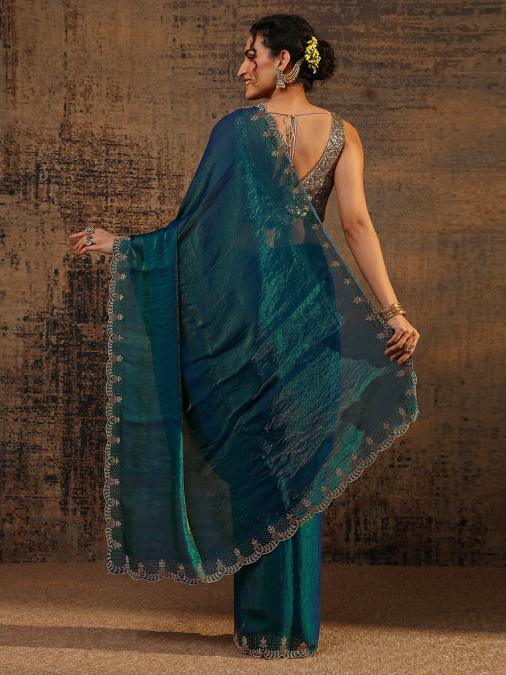 Blue Solid Satin Saree With Unstitched Blouse Piece