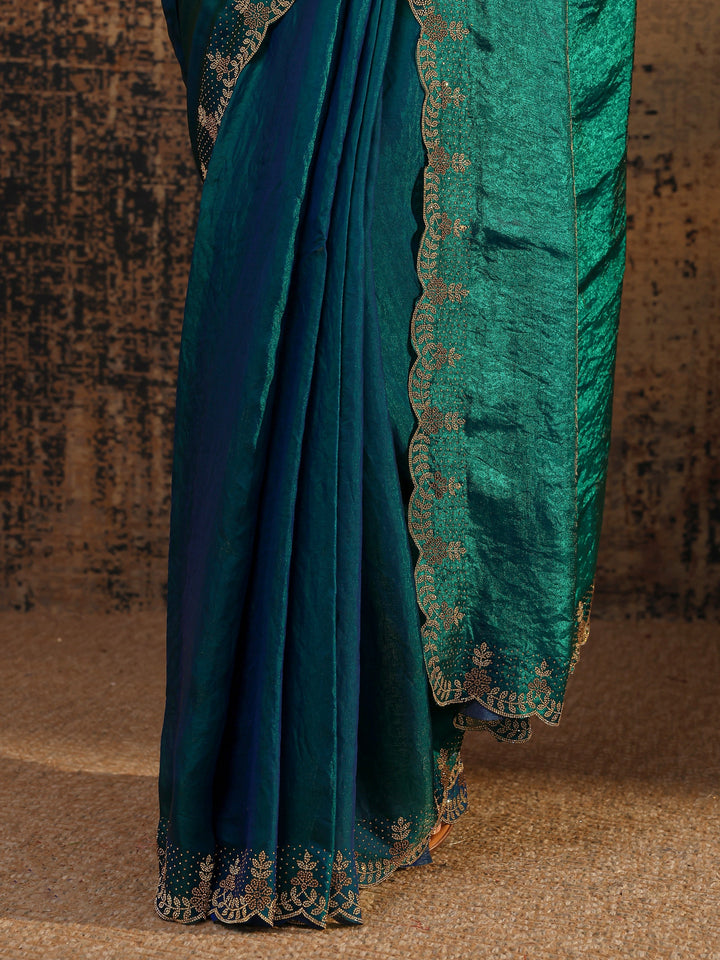 Blue Solid Satin Saree With Unstitched Blouse Piece