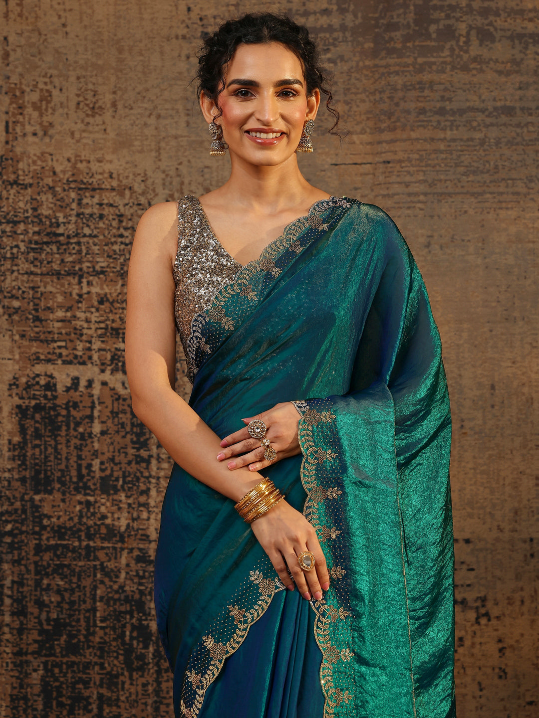 Blue Solid Satin Saree With Unstitched Blouse Piece