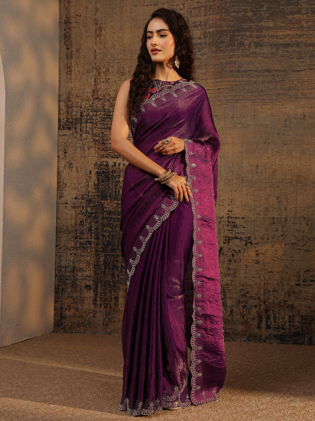 Burgundy Solid Satin Saree With Unstitched Blouse Piece