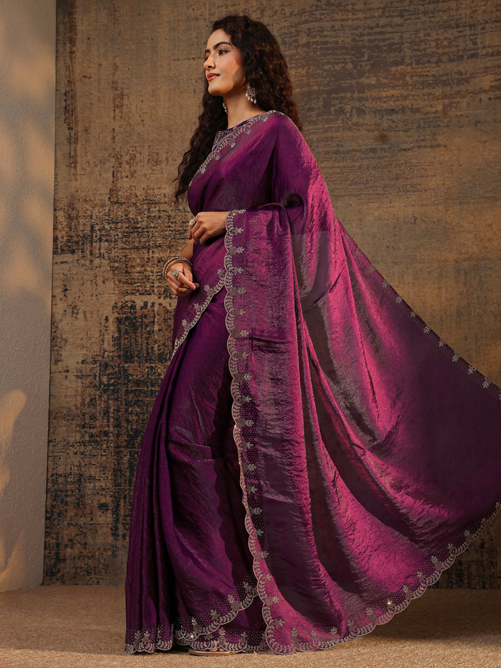 Burgundy Solid Satin Saree With Unstitched Blouse Piece