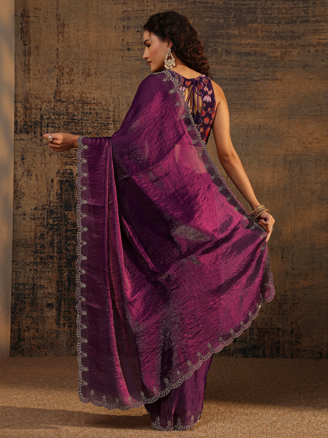 Burgundy Solid Satin Saree With Unstitched Blouse Piece