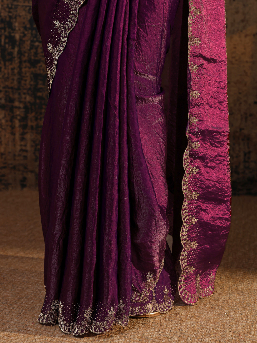 Burgundy Solid Satin Saree With Unstitched Blouse Piece