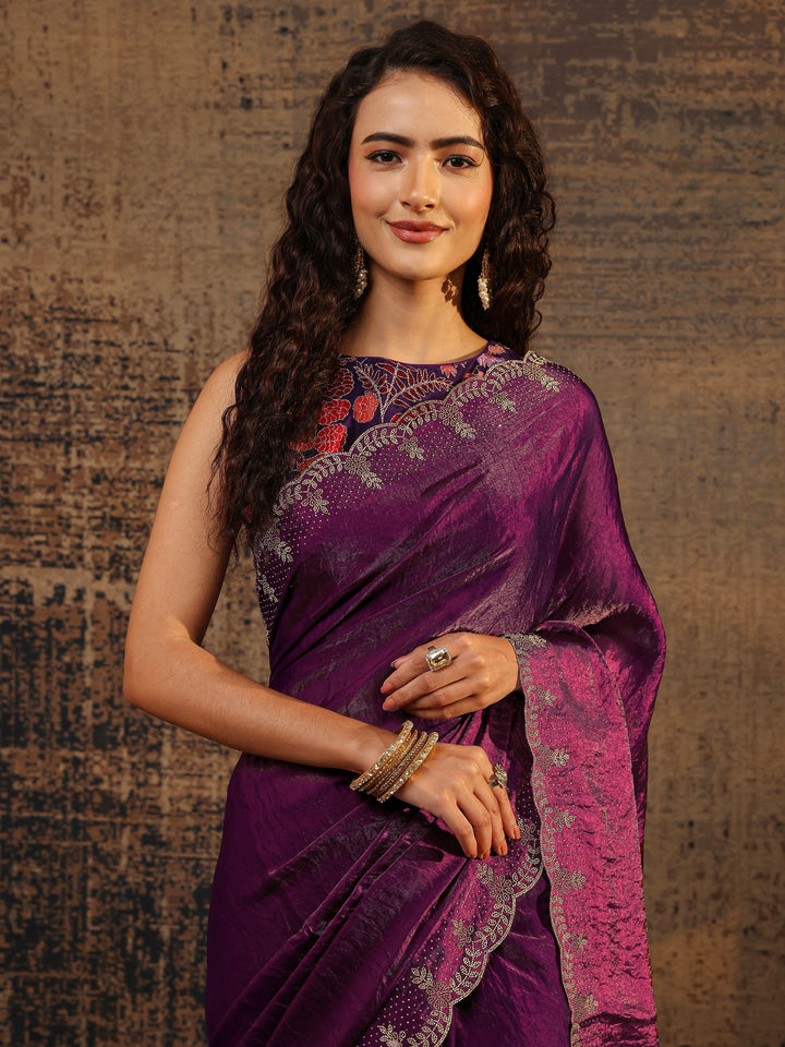 Burgundy Solid Satin Saree With Unstitched Blouse Piece