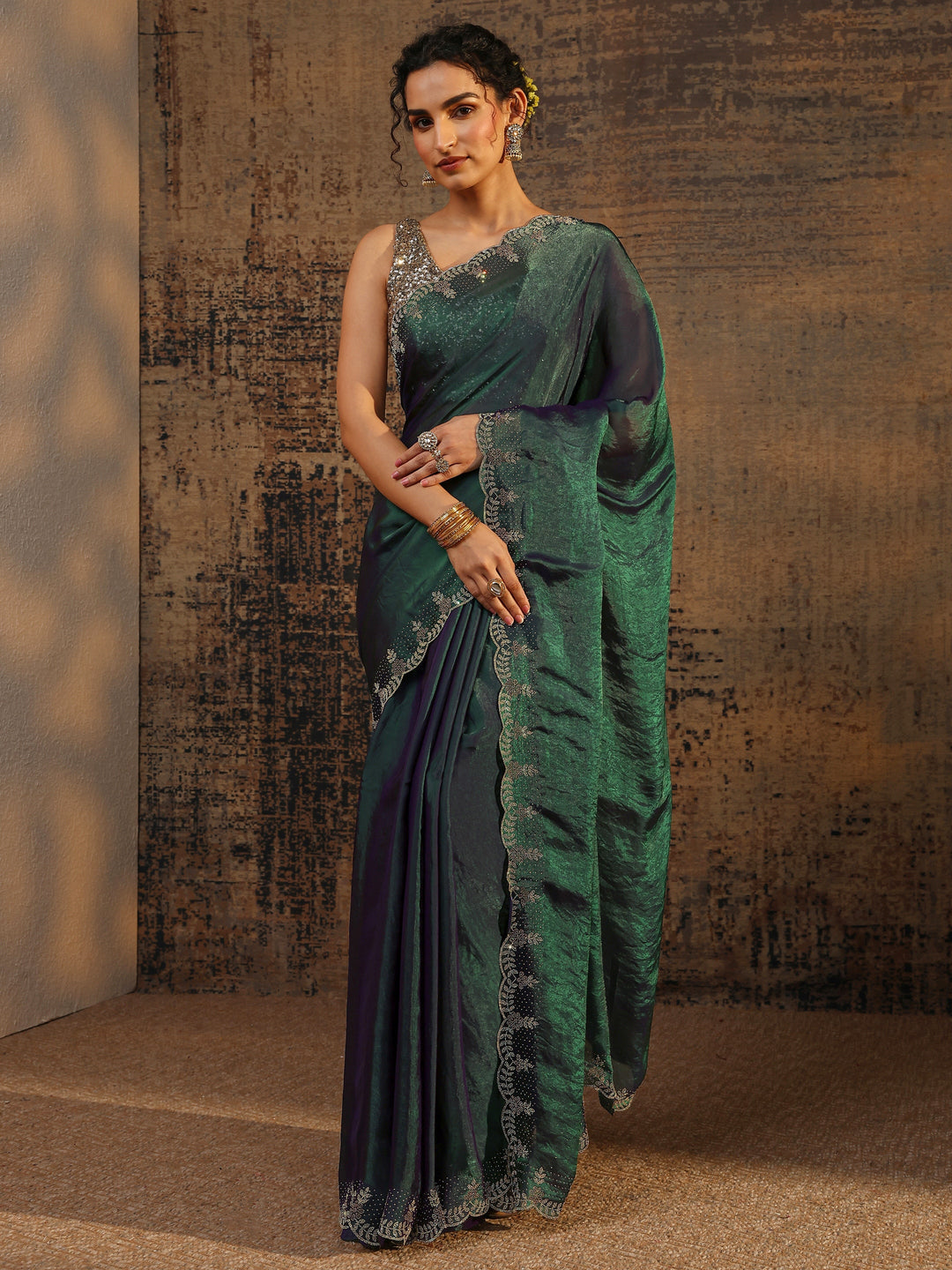Green Solid Satin Saree With Unstitched Blouse Piece