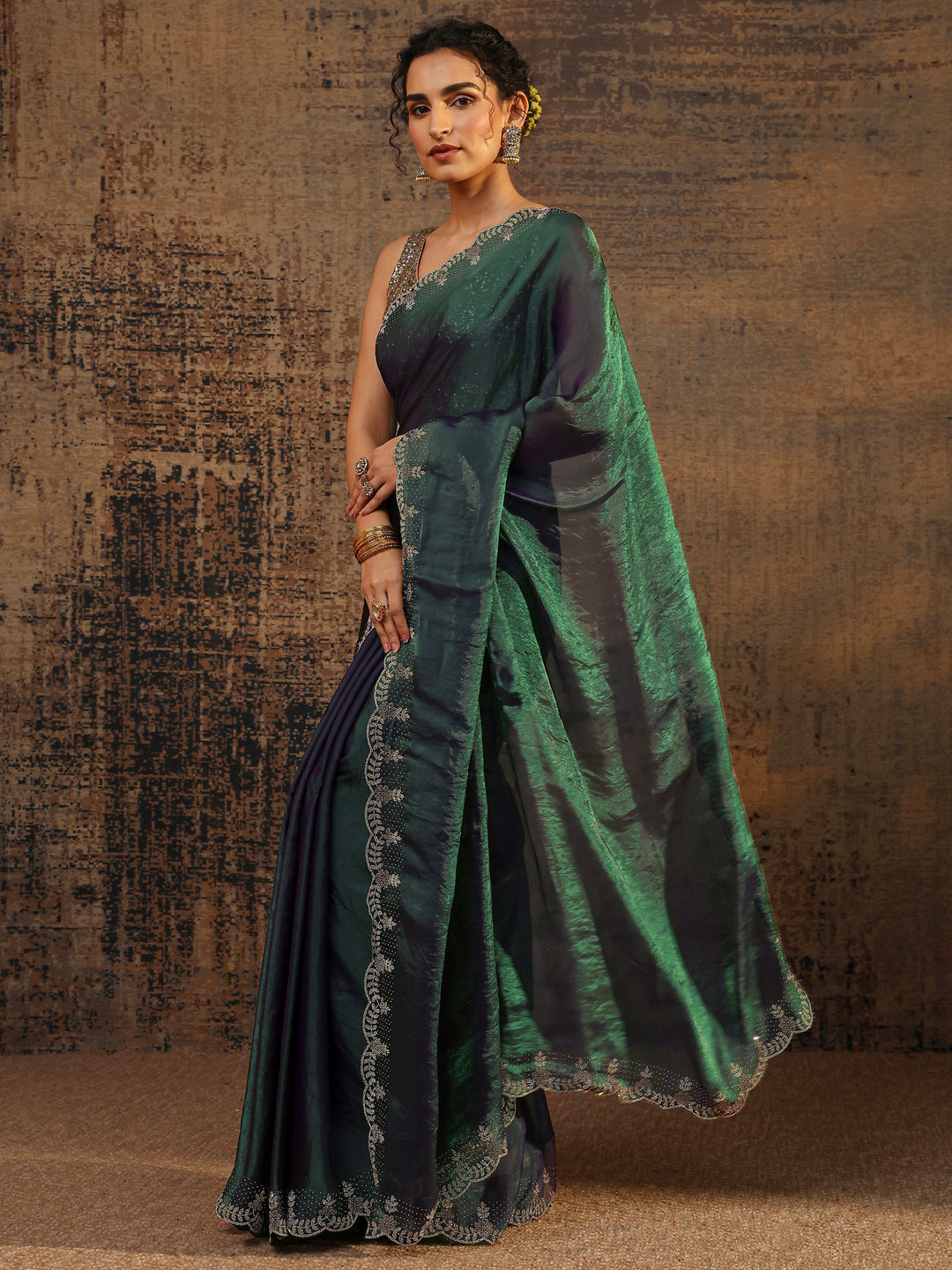 Green Solid Satin Saree With Unstitched Blouse Piece
