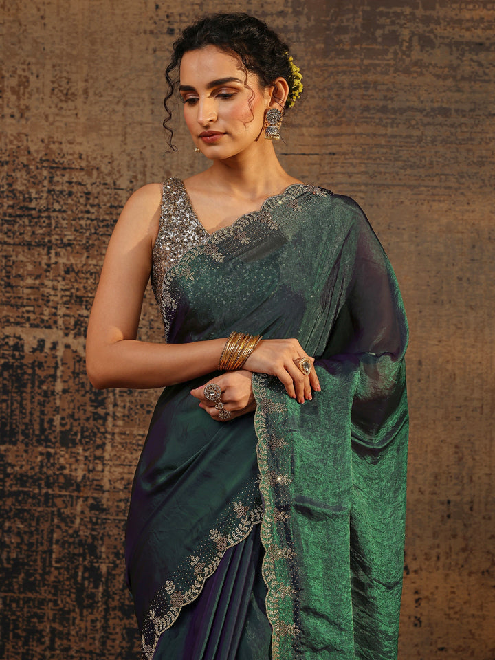 Green Solid Satin Saree With Unstitched Blouse Piece