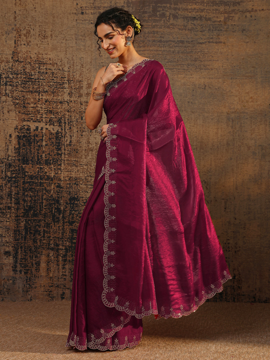 Pink Solid Satin Saree With Unstitched Blouse Piece