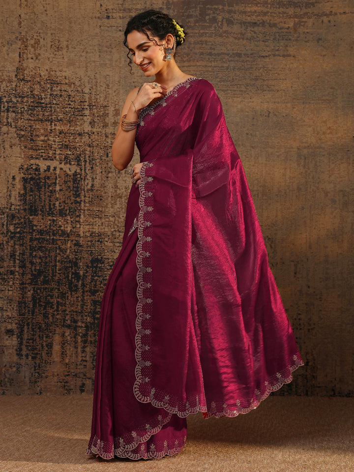Pink Solid Satin Saree With Unstitched Blouse Piece