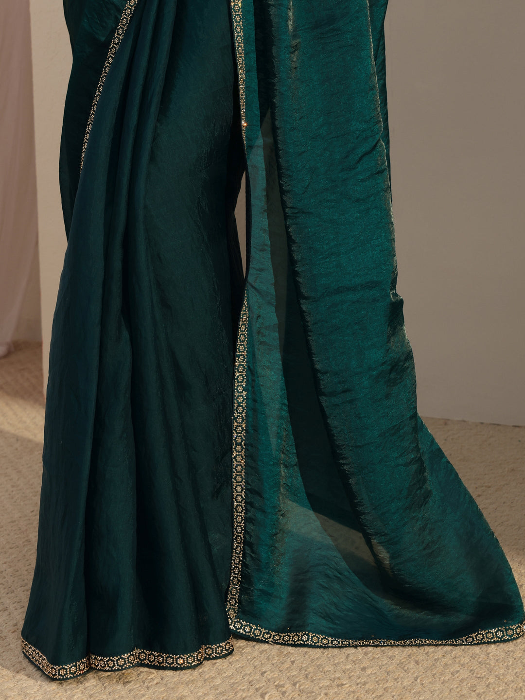 Teal Embellished Satin Saree With Unstiched Blouse Piece