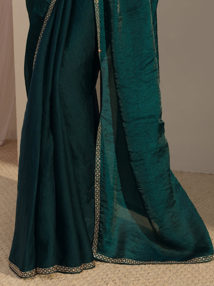 Teal Embellished Satin Saree With Unstiched Blouse Piece