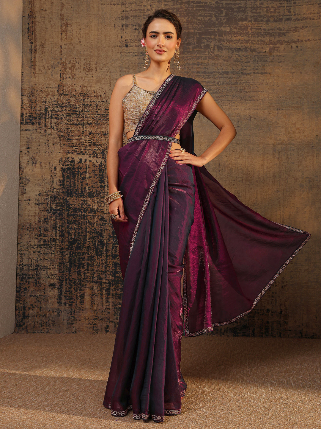 Maroon Solid Satin Saree With Unstitched Blouse Piece