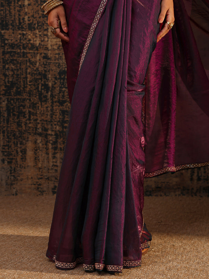 Maroon Solid Satin Saree With Unstitched Blouse Piece