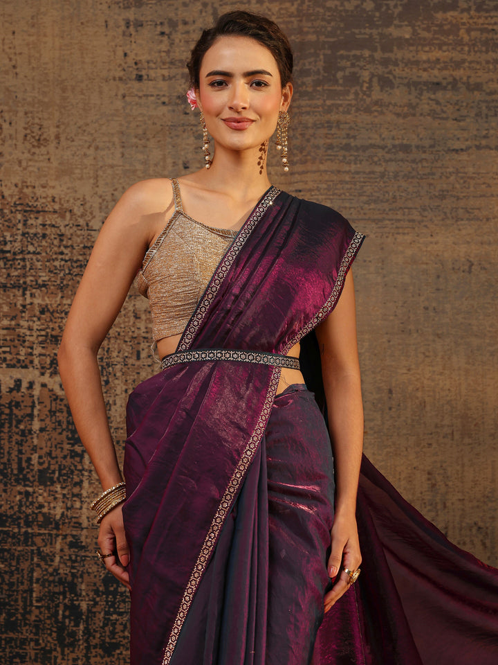 Maroon Solid Satin Saree With Unstitched Blouse Piece