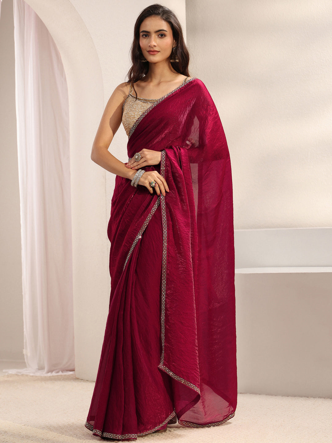 Pink Embellished Border Satin Saree With Unstitched Blouse Piece And Waistbelt