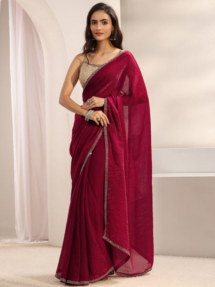 Pink Embellished Border Satin Saree With Unstitched Blouse Piece And Waistbelt