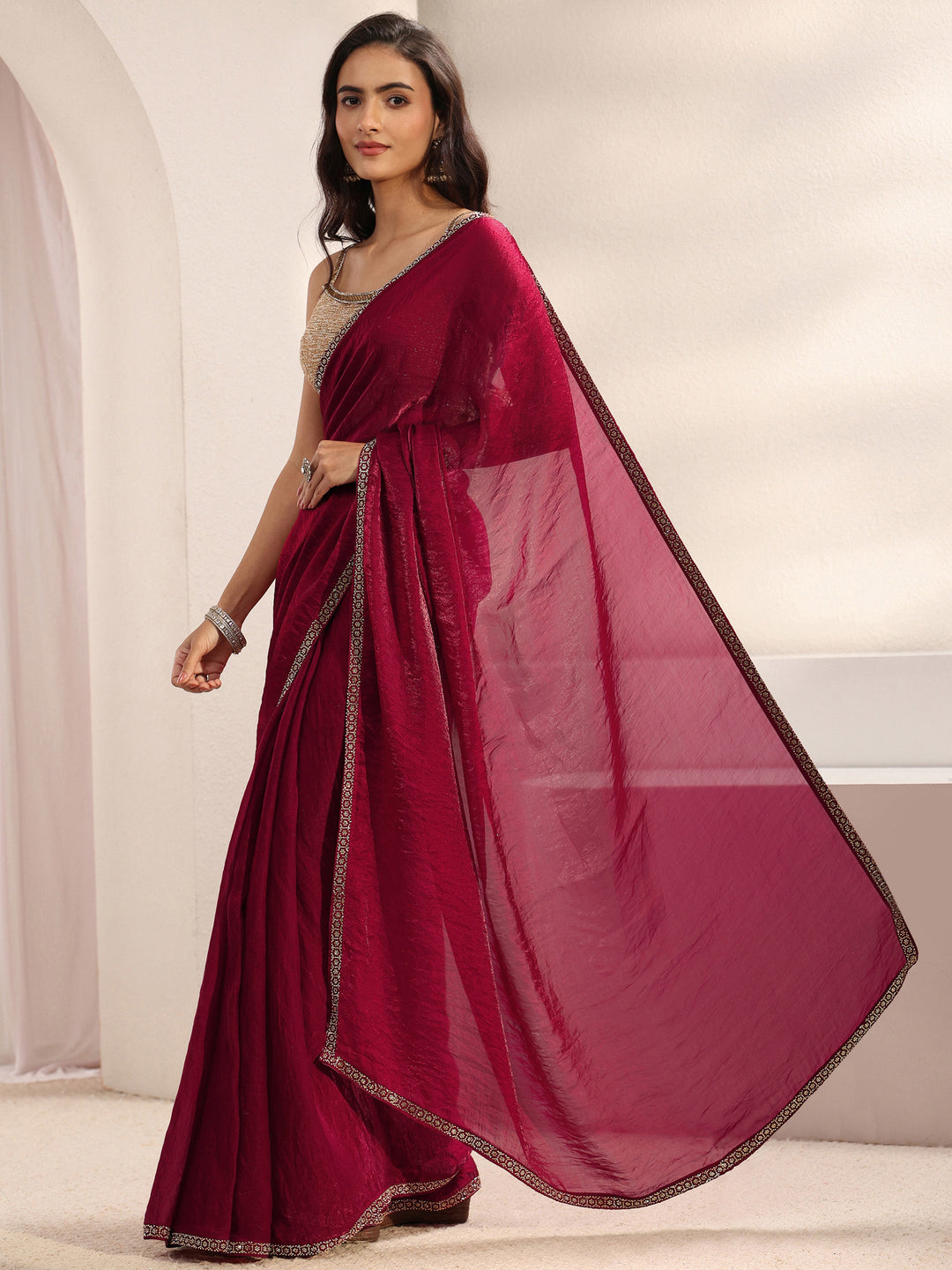 Pink Embellished Border Satin Saree With Unstitched Blouse Piece And Waistbelt