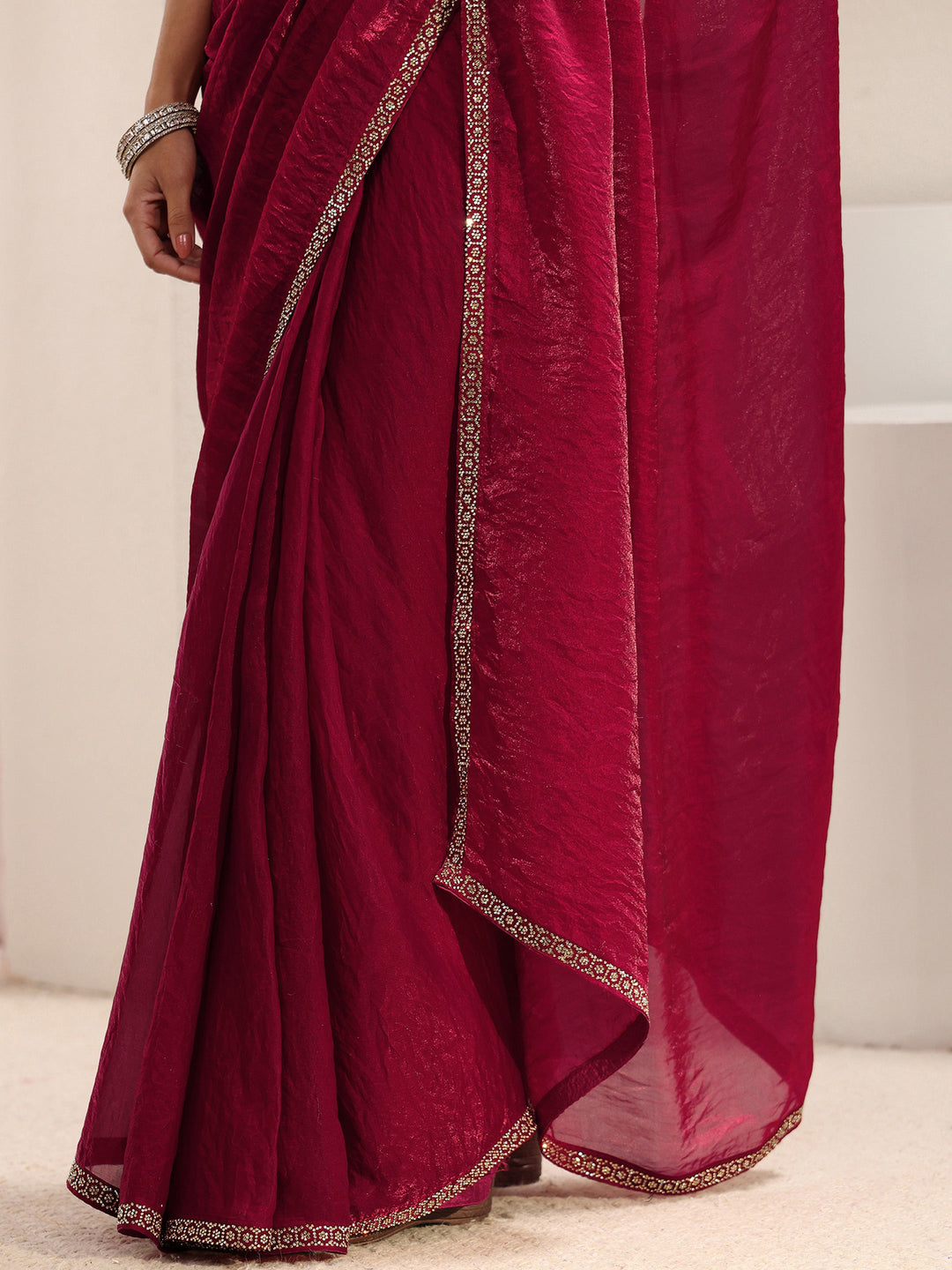 Pink Embellished Border Satin Saree With Unstitched Blouse Piece And Waistbelt
