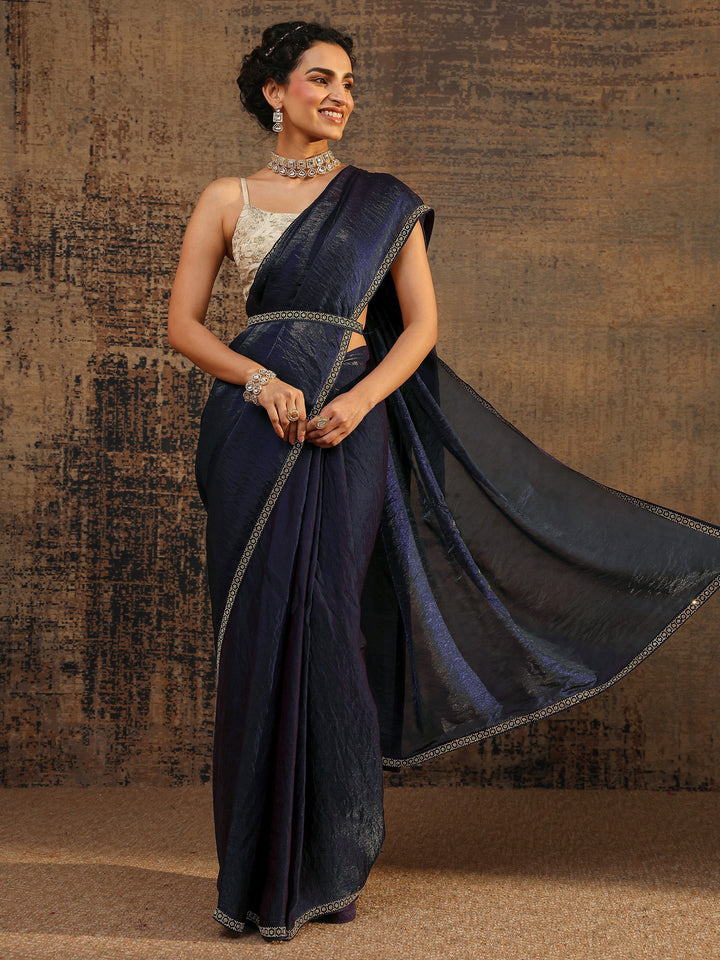 Purple Solid Satin Saree With Unstitched Blouse Piece