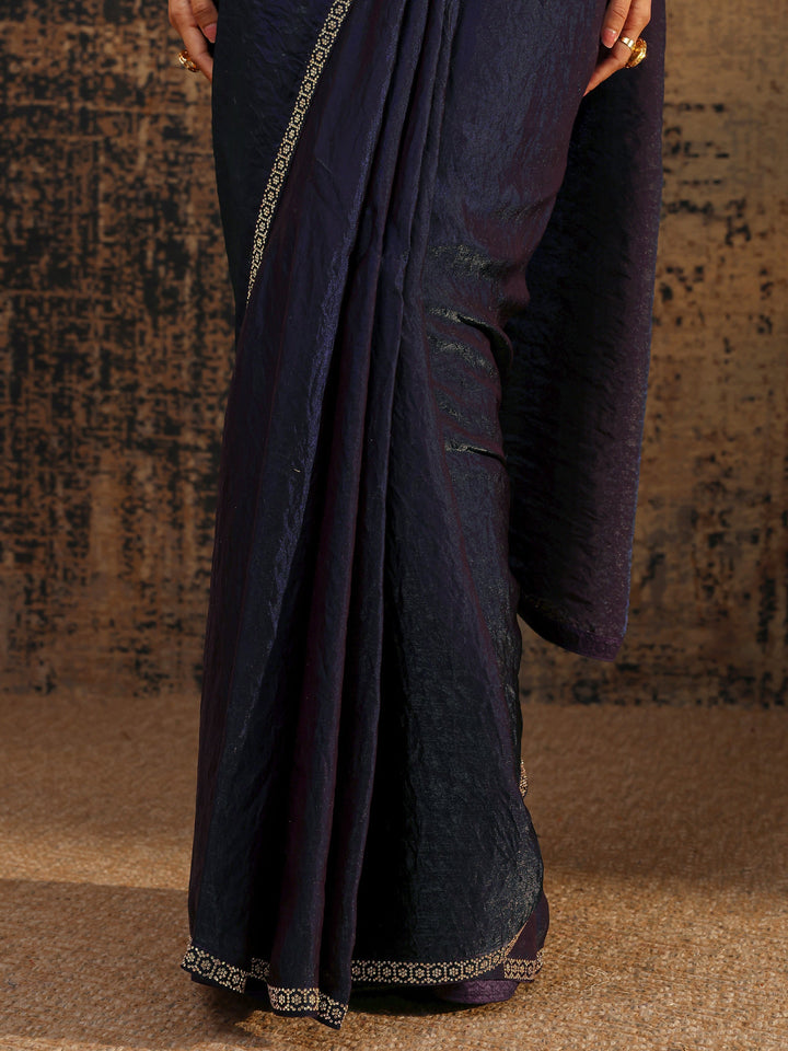 Purple Solid Satin Saree With Unstitched Blouse Piece
