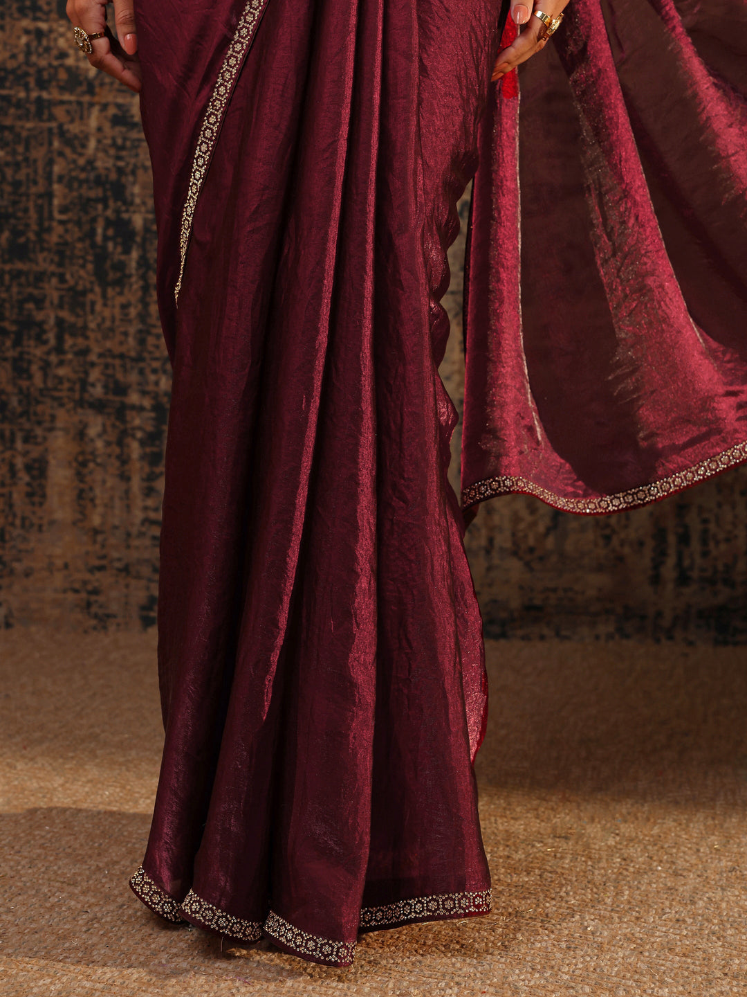 Burgundy Solid Satin Saree With Unstitched Blouse Piece