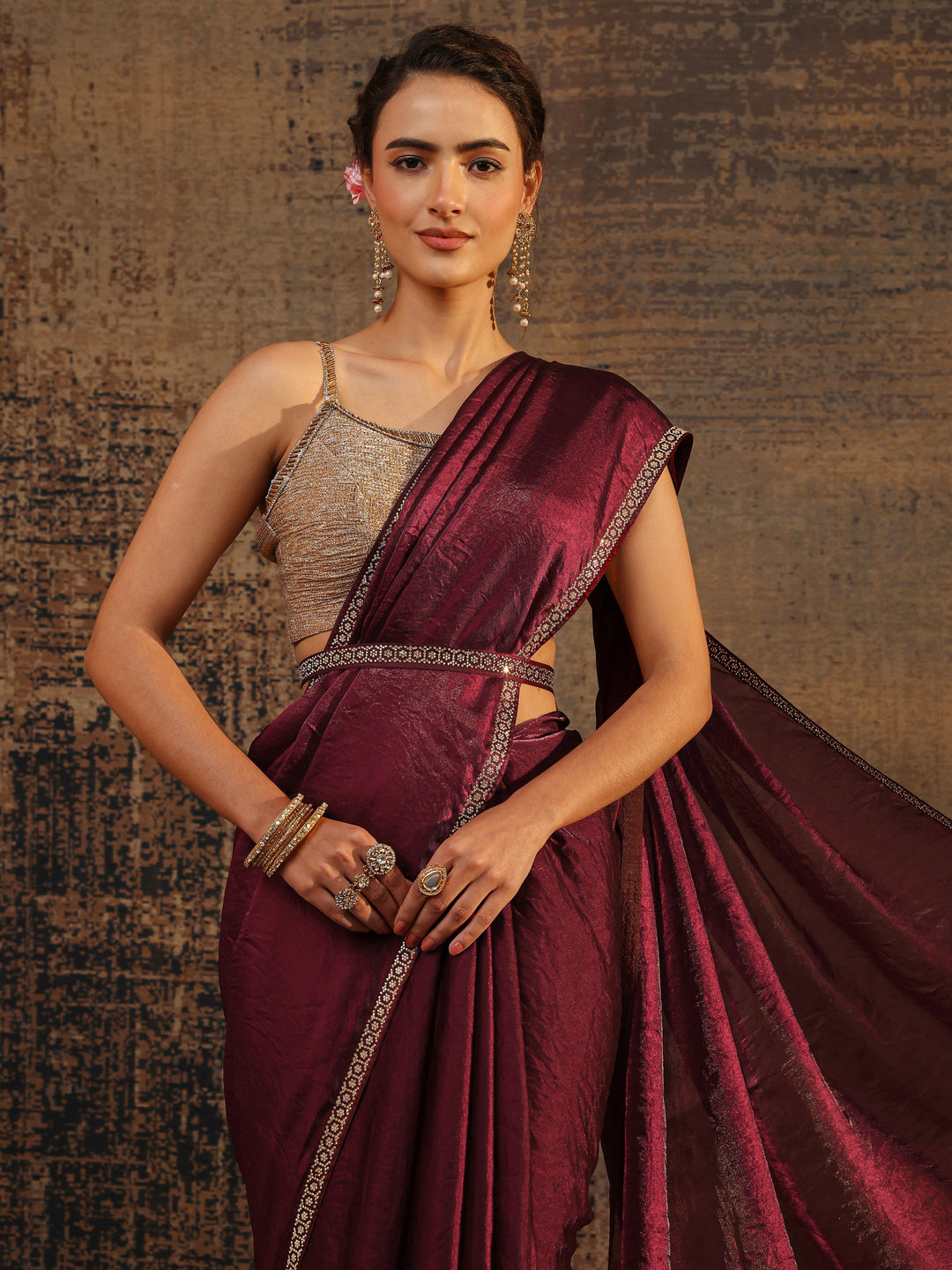 Burgundy Solid Satin Saree With Unstitched Blouse Piece