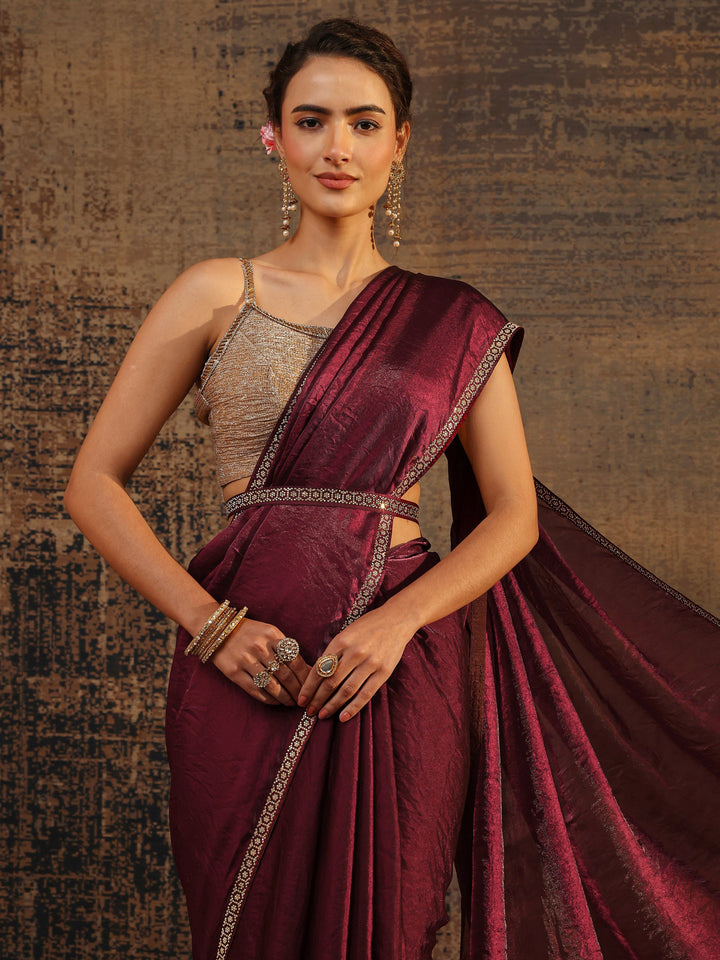 Burgundy Solid Satin Saree With Unstitched Blouse Piece