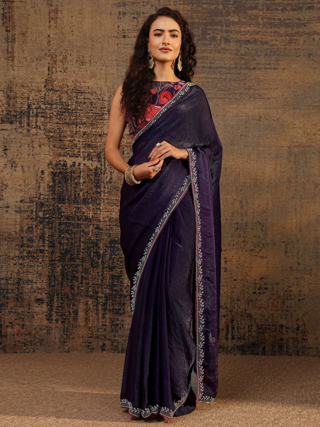 Purple Solid Satin Saree With Unstitched Blouse Piece