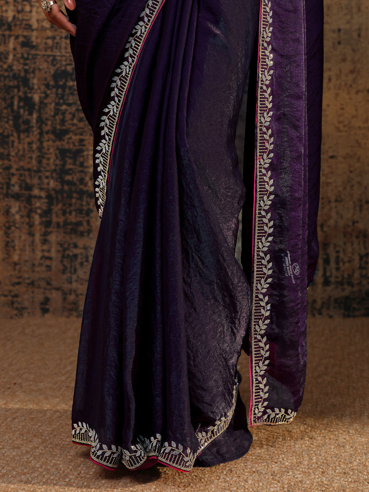 Purple Solid Satin Saree With Unstitched Blouse Piece