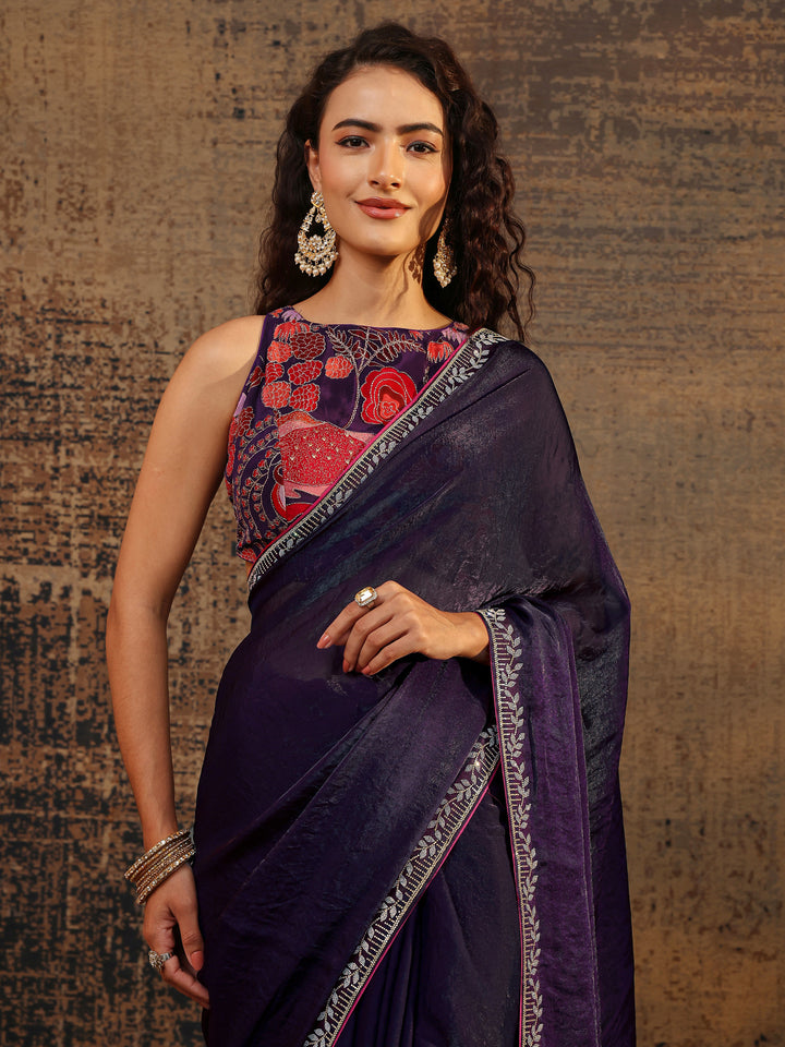Purple Solid Satin Saree With Unstitched Blouse Piece