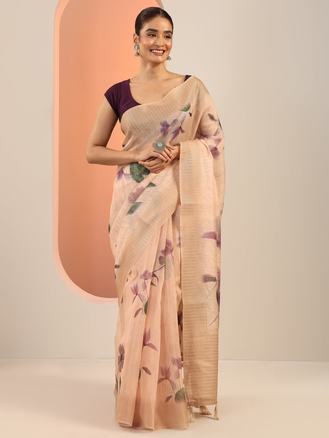 Peach Printed Silk Saree With Unstitched Blouse Piece